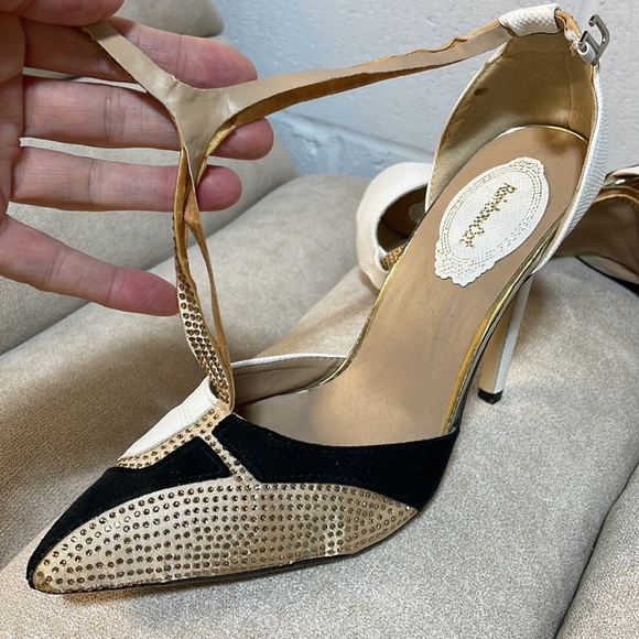 Flawed size 8 mini rhinestone studded T strap high heels gold black white point - Picture 10 of 12